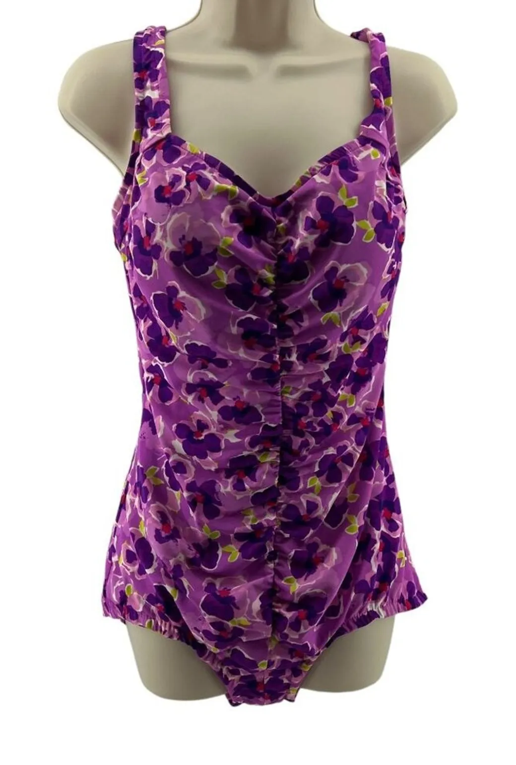 Maxine Of Hollywood Spa Shirred Girl Leg One Piece Swimsuit Purple Floral Size 1 - Image 1