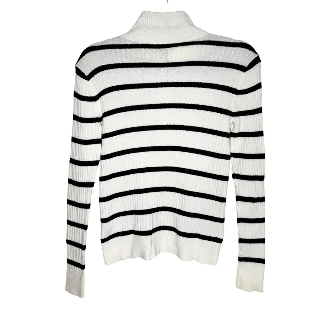 Lauren  Big Button High Neck Striped Pullover Sweater Small White - Image 8