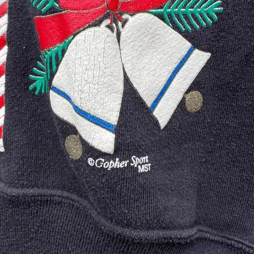 Vintage 80s Gopher Sport Ugly Christmas Print Collared Granny Sweatshirt Black Size L - Image 2