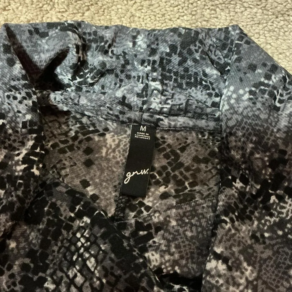 GRNV Women's Black Gray Sheer Snake Print Cowl Neck Flutter Sleeve Top Grunge Size M - Image 5