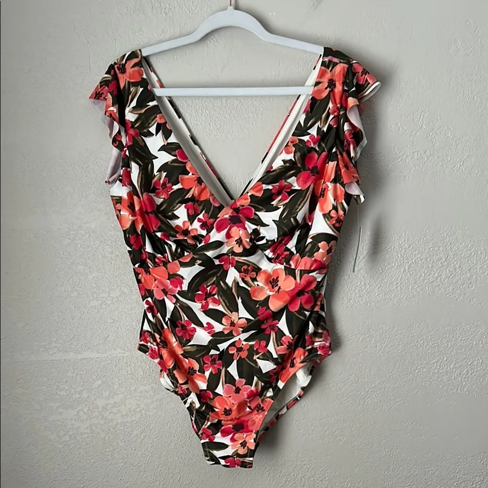 Anthropologie Size 1X Floral One Piece Swimsuit V Neckline Ruffle Cap sleeves - Image 2