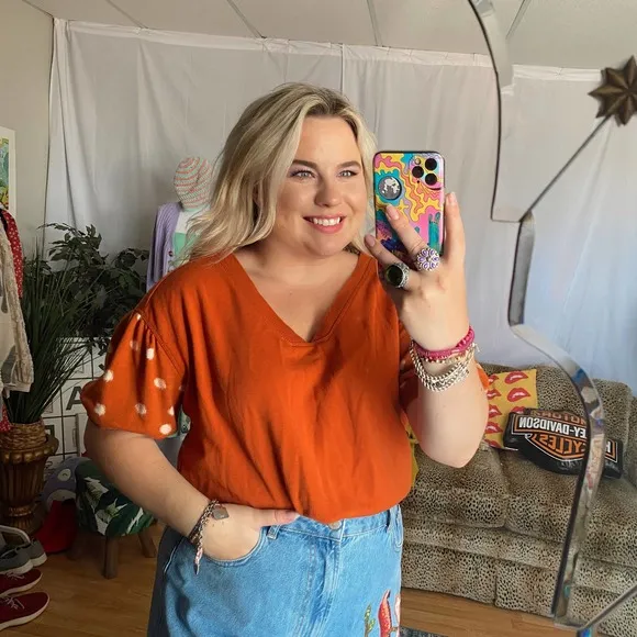 Daily Practice Polka Dot Balloon Sleeve Burnt Orange Top Small - Image 22