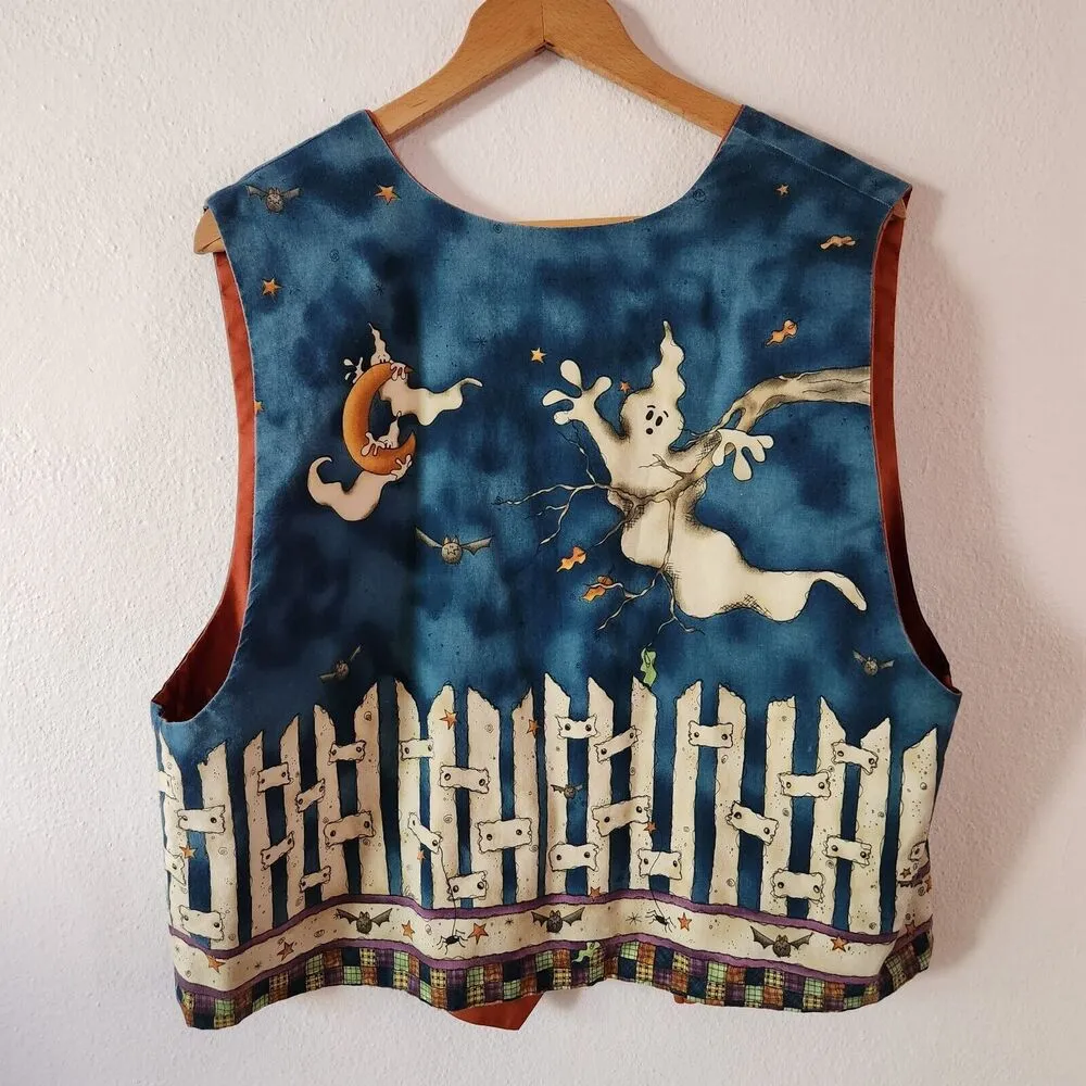 Vintage 80s 90s Halloween Vest Witch and Scarecrow Vest Cute Ghost Bats Sz L/XL? - Image 2