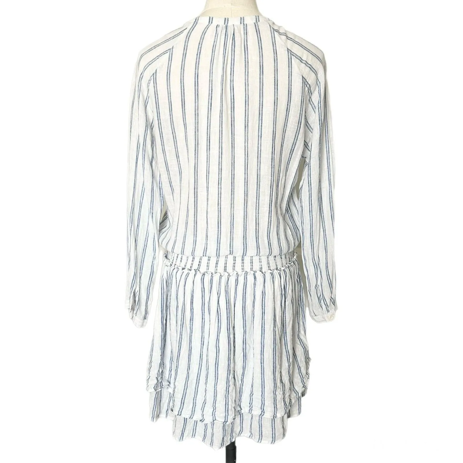 Rails Jasmine Mini Dress in Marine Blue Stripe Linen Blend Smocked Waist Size S - Image 4