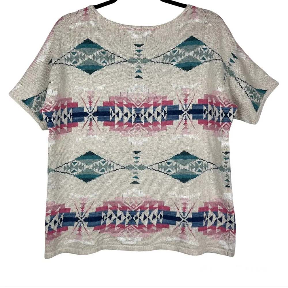 Chaps Sweater Top Aztec Southwestern Short Sleeve Linen Blend Western Women - Image 2