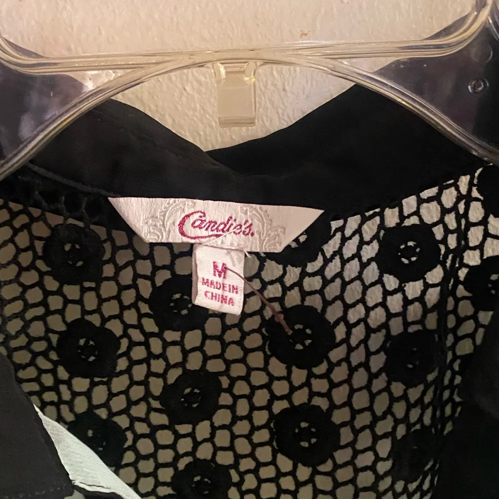 Candies Womens Sleeveless Button Up Blouse M Teal Blue Black Polka Dots & Mesh - Image 4