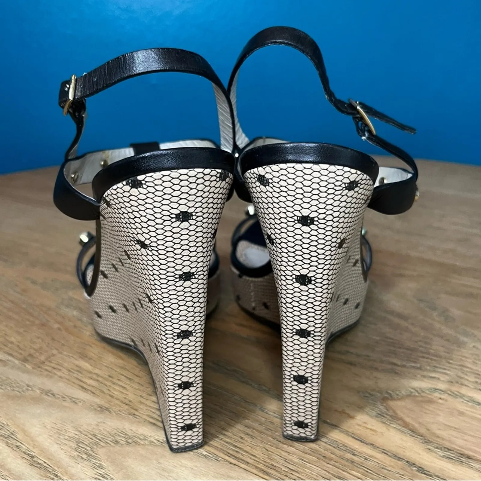 Jason Wu Leather Polka Dot T Strap Slingback Platform Wedge Black Size 7 - Image 3