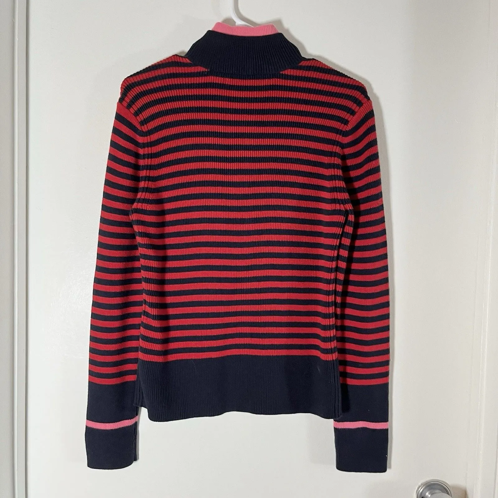 VTG Tommy Hilfiger Women Sweater 1/4 Zip Sz L Red Blue Striped Made In Japan - Image 2