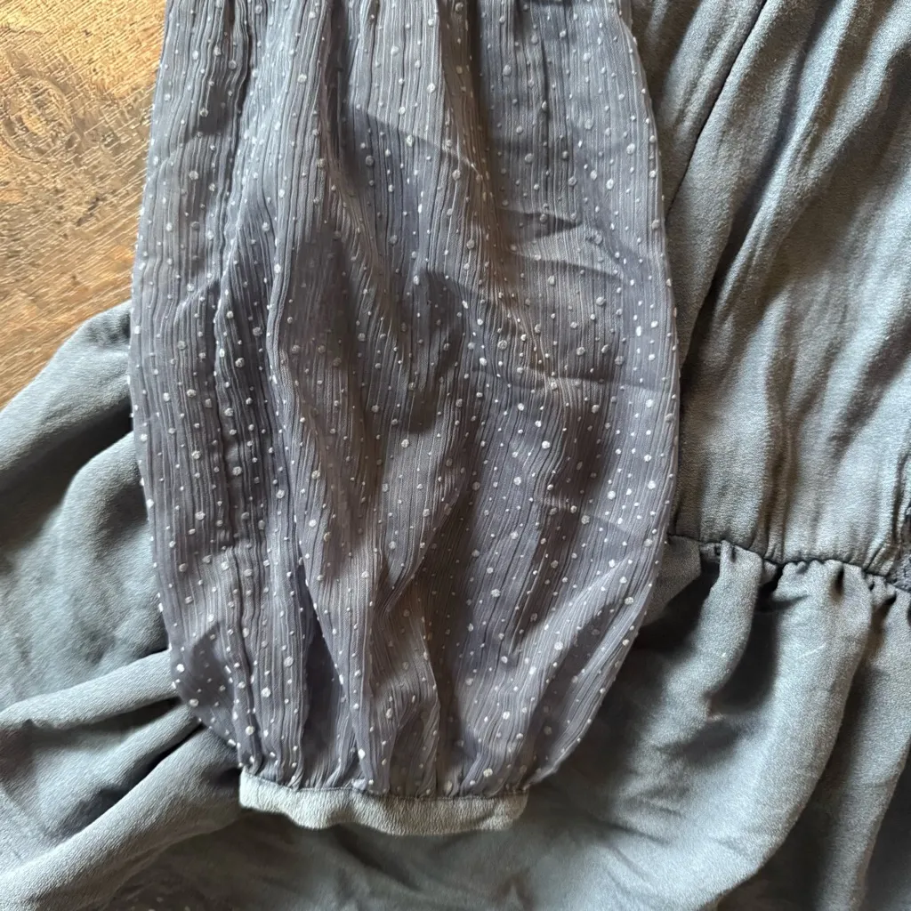 Free People Grayish Blue Boho Peplum Blouse Sheer Swiss Dot Sleeves Small - Image 2