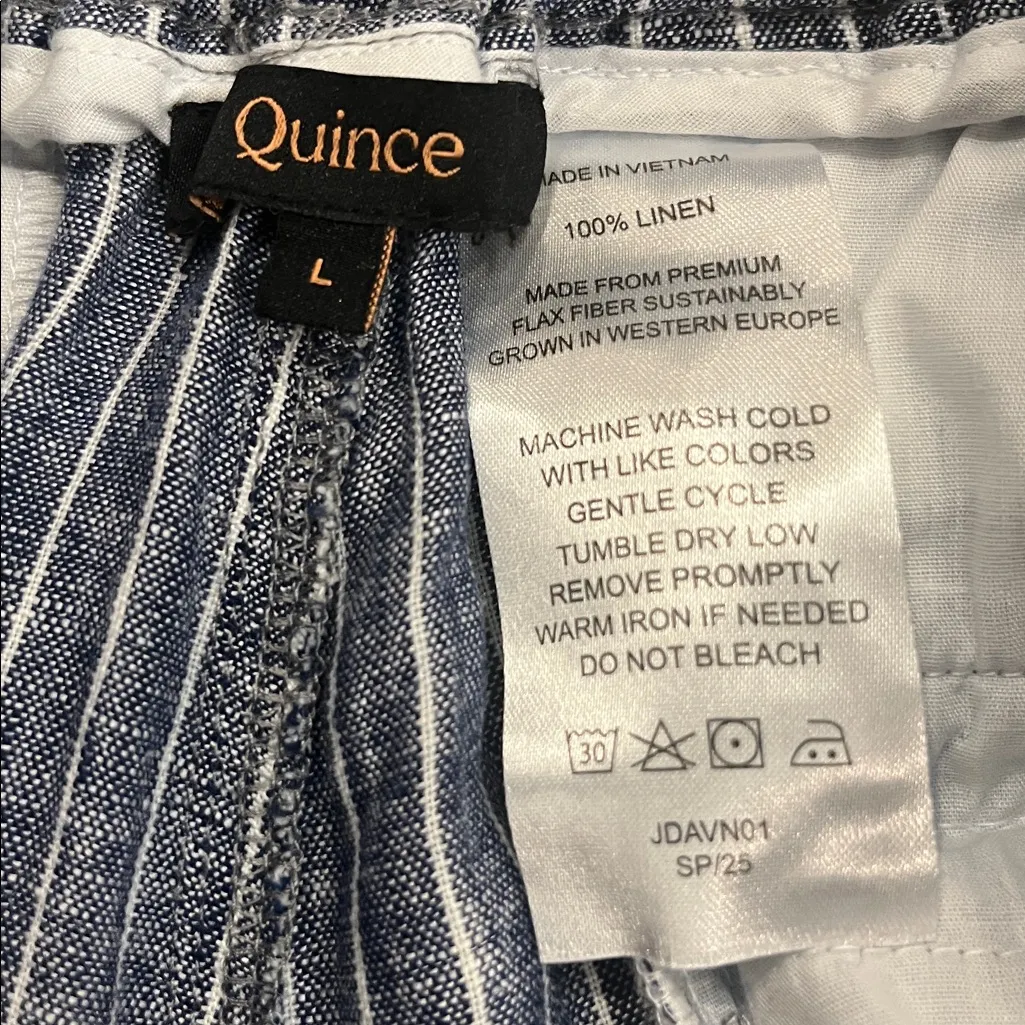 Quince European linen wide leg cropped pants chambray stripe L - Image 4