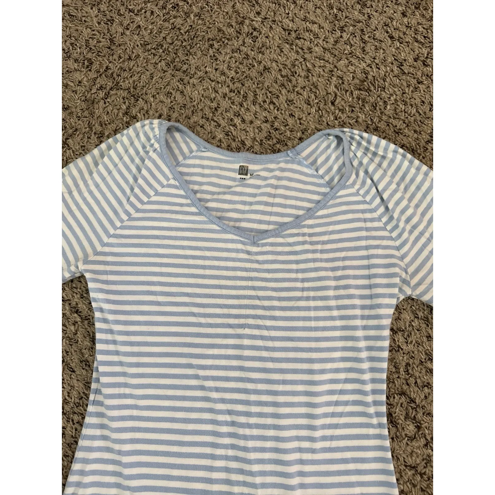 Gap Women's White Blue Stripped Quarter Sleeve Top Size Medium - Image 2