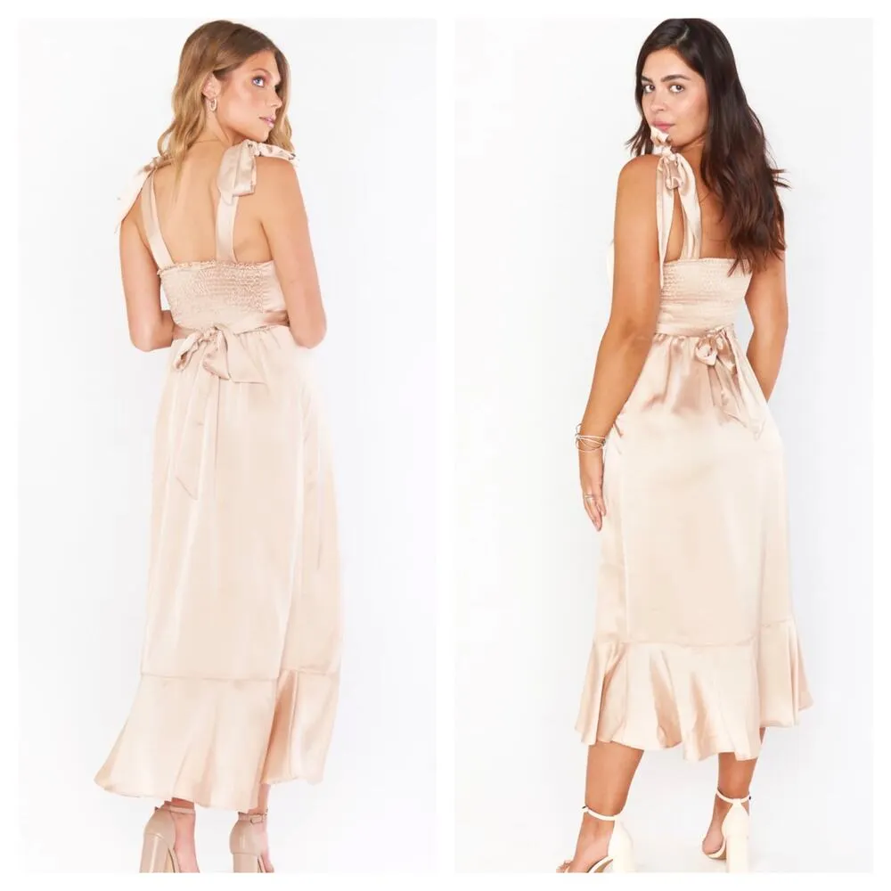 Show Me Your Mumu Claire Midi Dress Small Champagne Satin Ruffle Hem Cocktail - Image 14