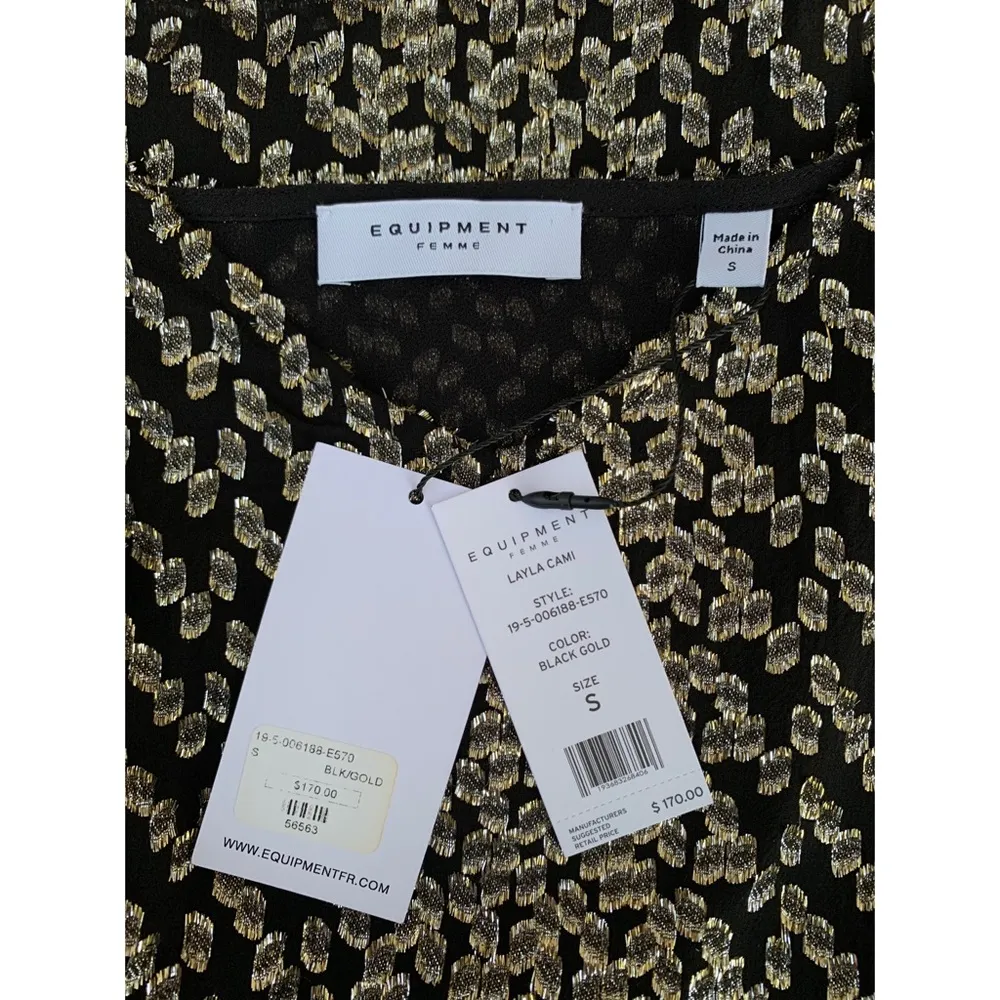 Layla Black and Gold Silk and Metallic Flocked Cami Tank Top Small NWT - Image 3