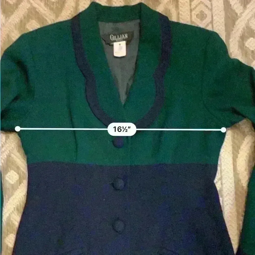 Vintage Gillian Petites Jacket Dress Wool Color Block Fully Lined Green Navy. Blue Size 8P - Image 13