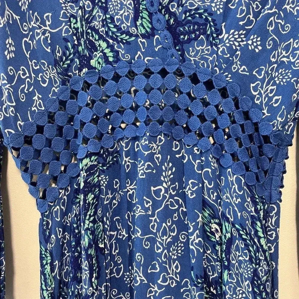 Poupette St Barth Joan Maxi Crochet Waist Dress‎ in Blue Malva Bird Print XS - Image 7