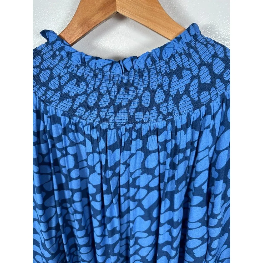 Ann Taylor Loft XS Dress Blue Smocked Neck Cheetah Animal Print Long Sleeve - Image 7