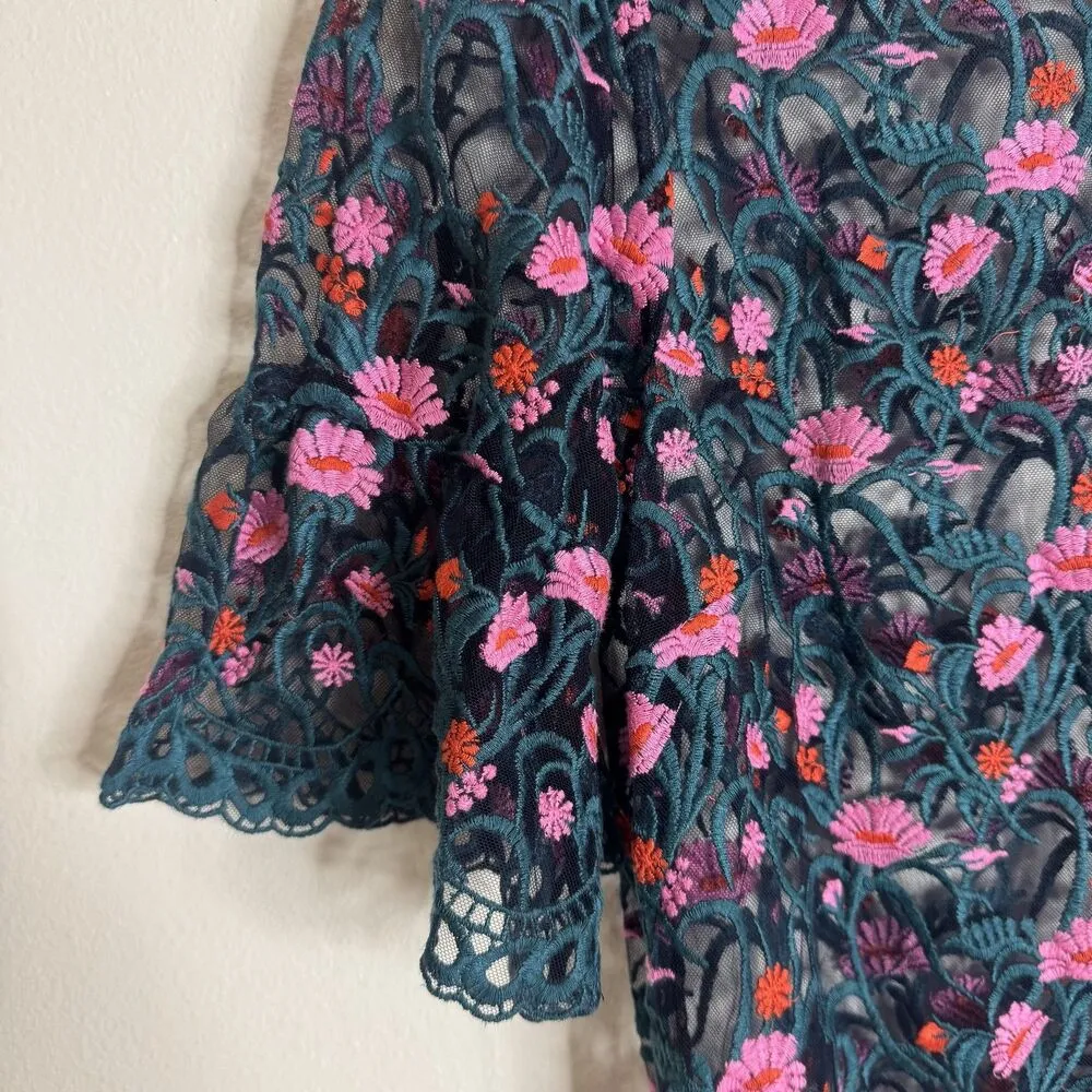 Moulinette Soeurs Dress Womens Small Teal Pink Floral Embroidered Lace Overlay - Image 5