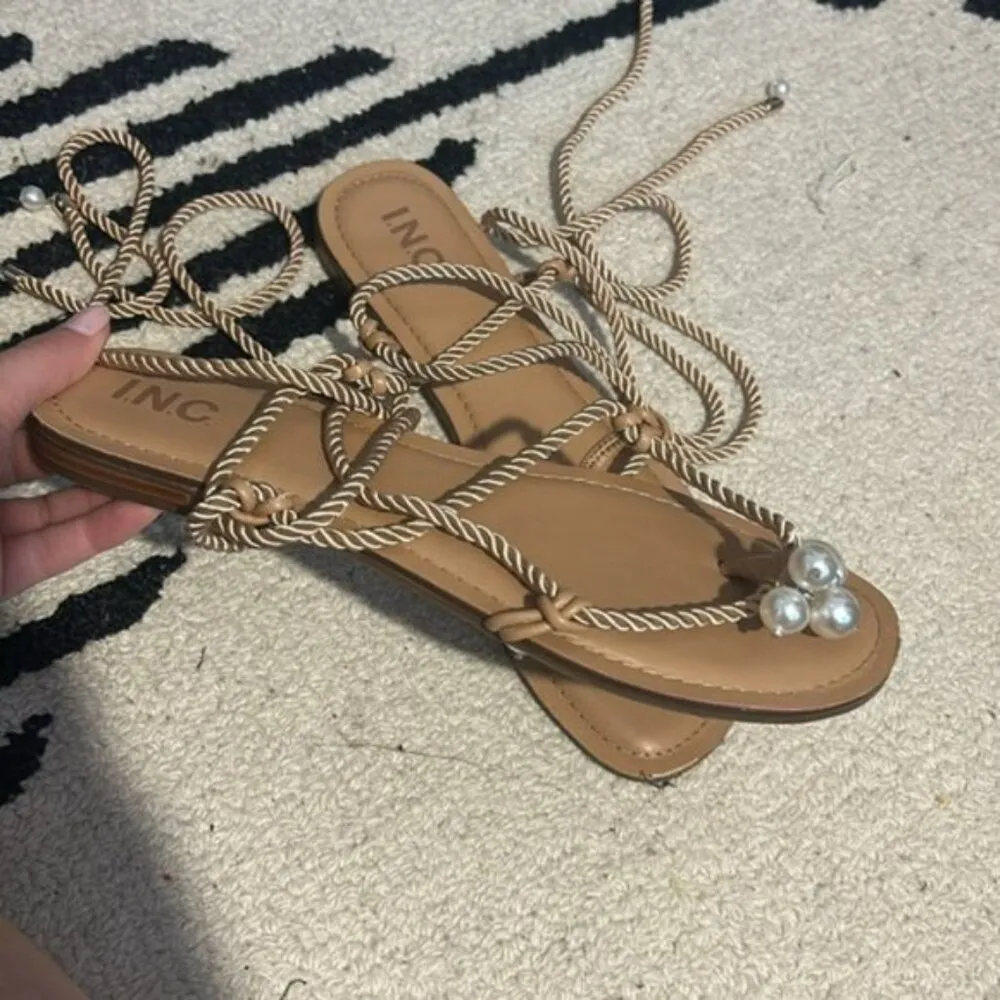 INC International Concepts Jerzi Rope Embellished Strappy Flat Sandals Size 11 Tan - Image 3