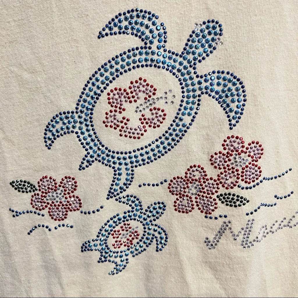 Vintage t shirt embellished turtle floral soft yellow :item number box B: Size M - Image 5