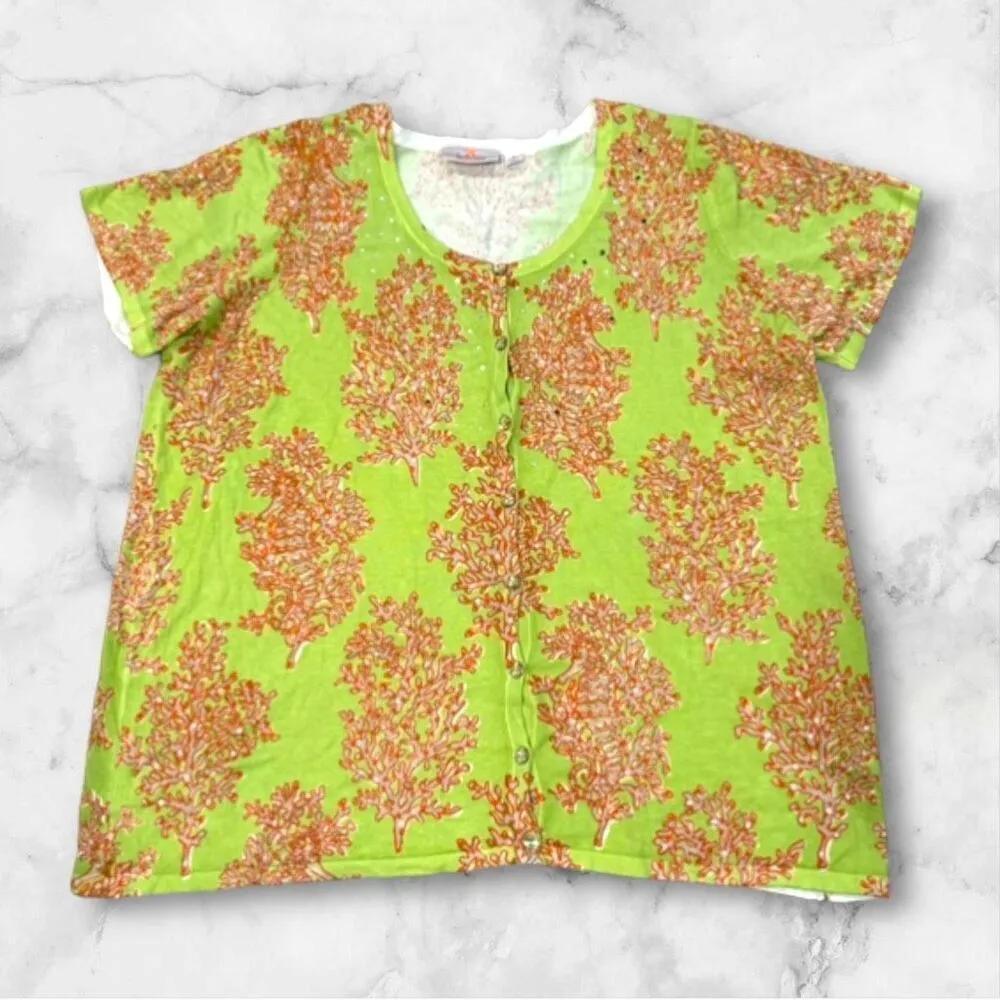 Quacker Factory Rhinestones Button Front Short Sleeve Cardigan Green Orange 1X - Image 1
