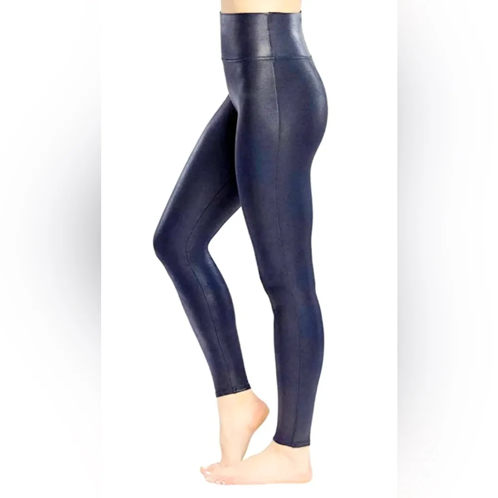 Spanx Blue Faux Leather Leggings Shiny Finish Sculpting High Rise Edgy Pants L - Image 4