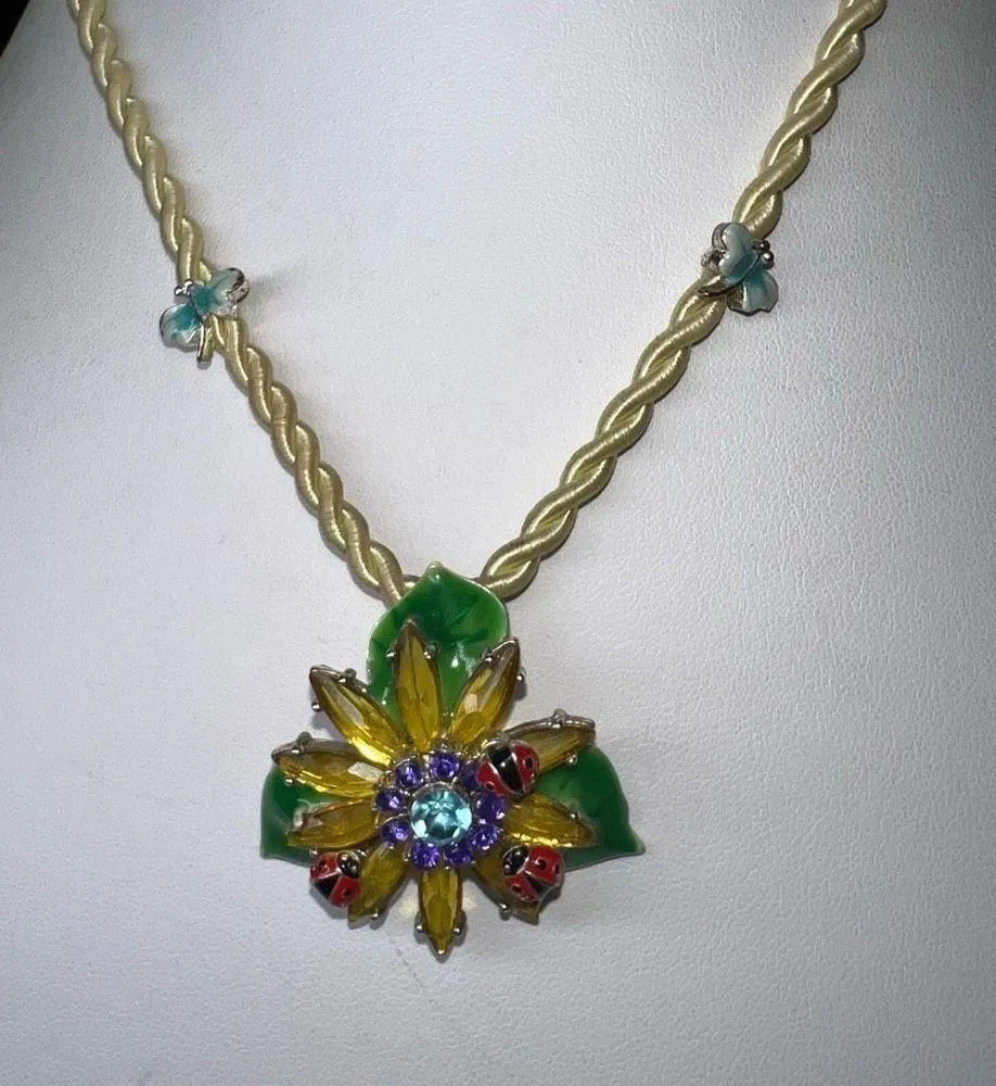Enameled Flower and Ladybug Pendant on Silk Cord Necklace - Image 3