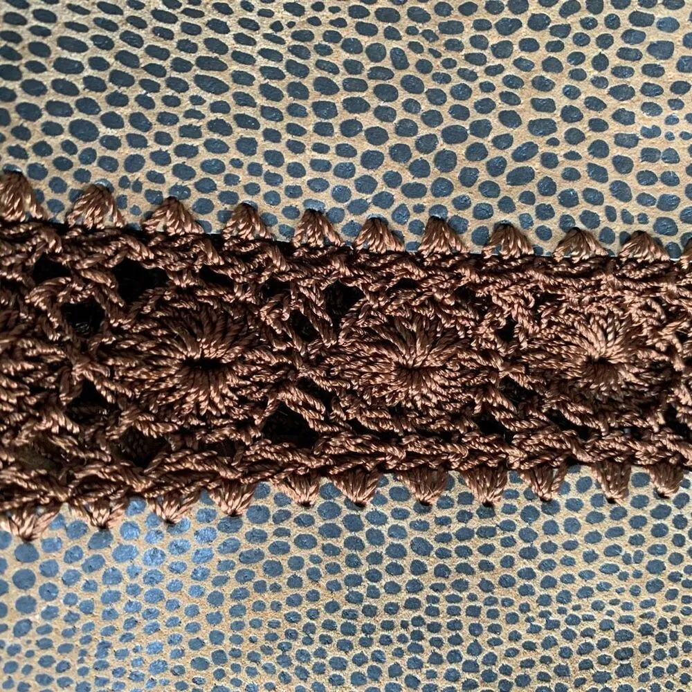 Vintage Brown Crochet Trim Leather Mesh Cardigan Jacket Crewneck Medium Festival - Image 12