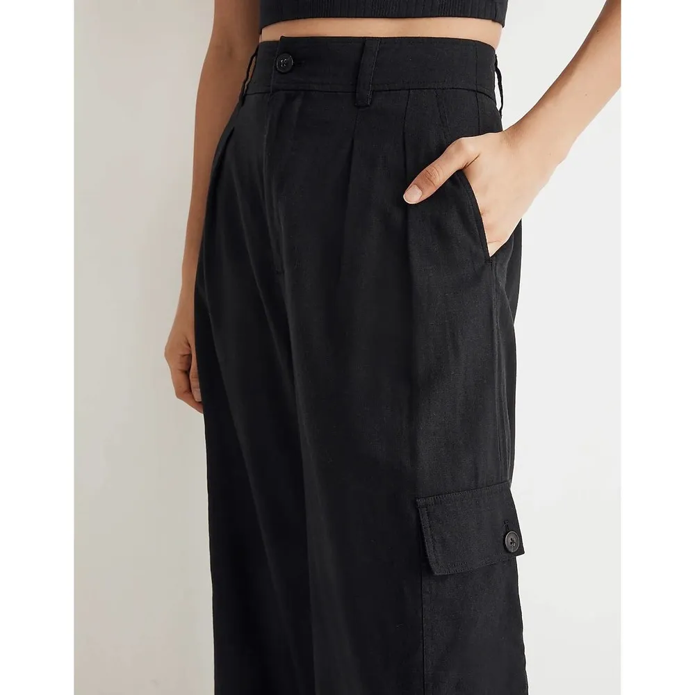 Black Linen Blend Wide Leg Cargo Pants Size 00 - Image 5