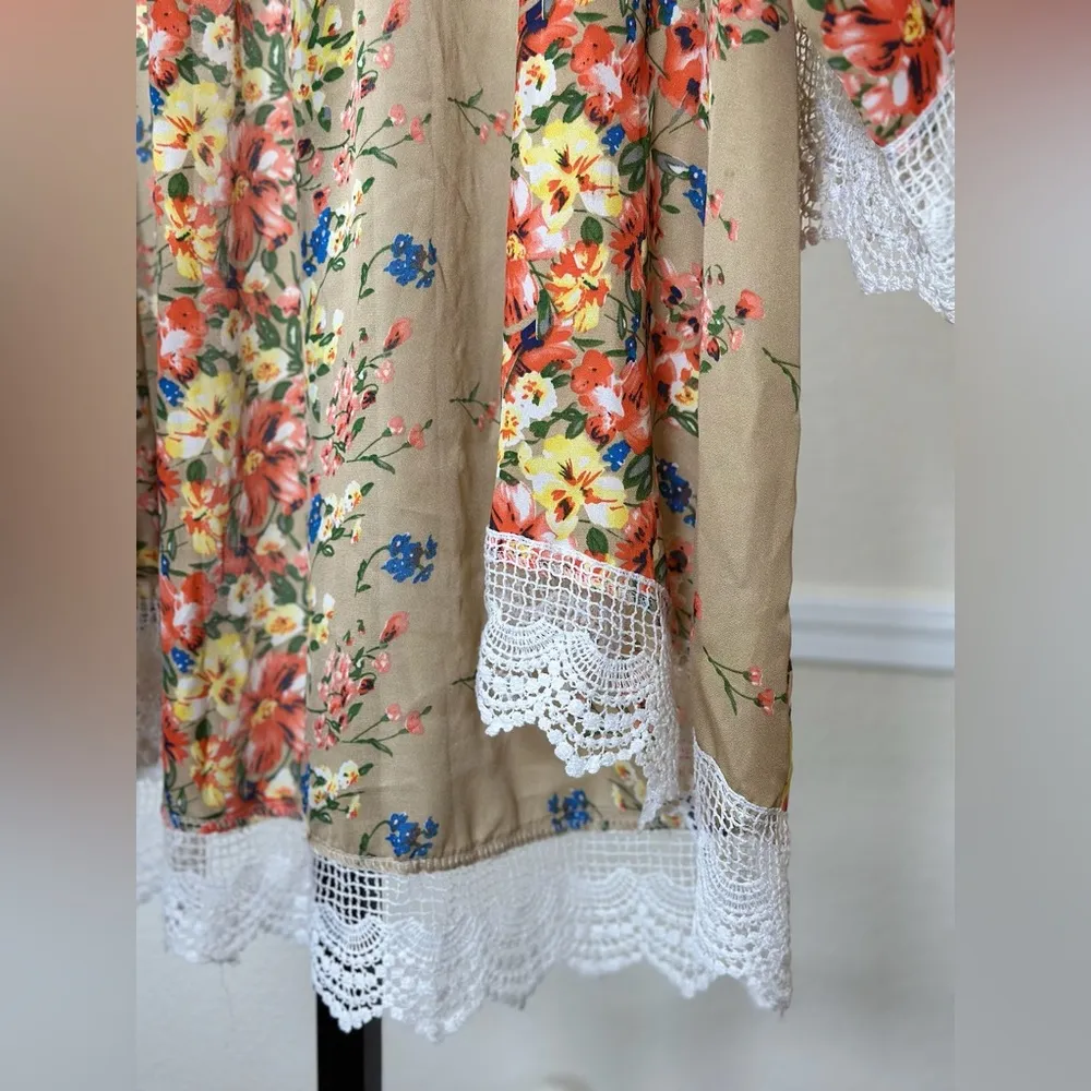 Floral Kimono Cardigan Lace Trim Boho Cottagecore Layering Oversized Romantic - Image 3