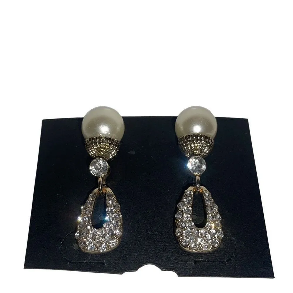 JCPenny Fashion Earrings Tear Drop Pearl Diamond Gold Medal NWT‎ - Image 2