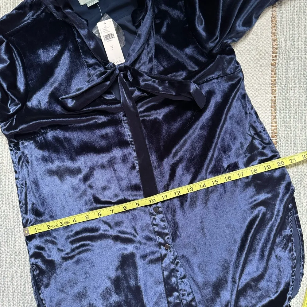 Maeve Anthropologie Royal Blue Crushed Velvet Tie-Neck Button Down Tunic Shirt 2 - Image 7