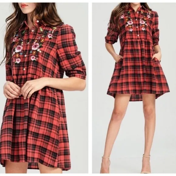 NEW Oddi Kira Red Black Buffalo Plaid Flannel Embroidered Shirt Dress Pockets S - Image 2
