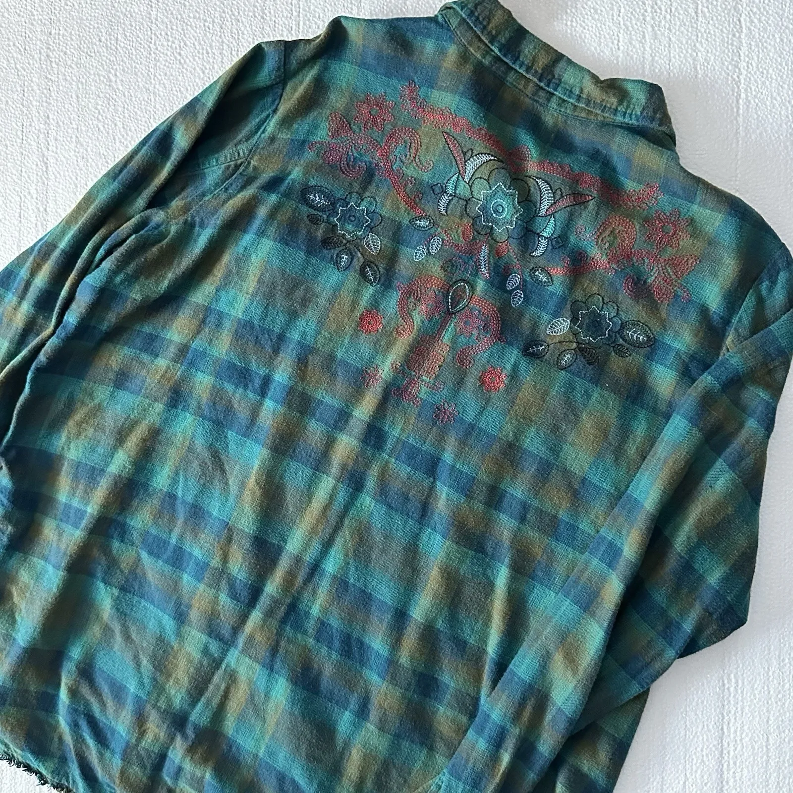 Idyllwild Flannel LS Western Shirt‎ Women L Pearl Snaps Embroider Teal Tan Coral Size XL - Image 7