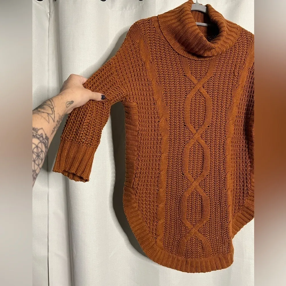 Express Cable Knit Cowl Neck Circle Hem Pullover Sweater Pumpkin Brown XS - Image 3