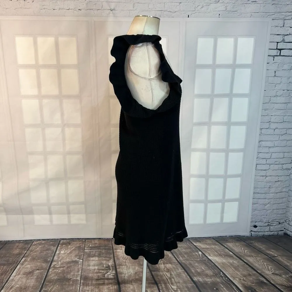 Anthropologie Pointelle Ruffled Butterfly Sleeve Black Knit Mini Crochet Dress L - Image 6