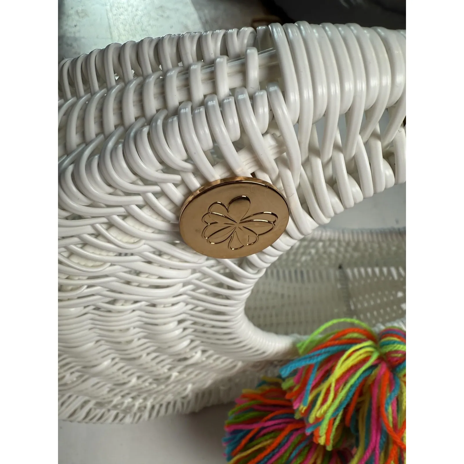 Handwoven White Wicker Purse Womens Medium Circle Bag Colorful Tassel Boho Beach - Image 3