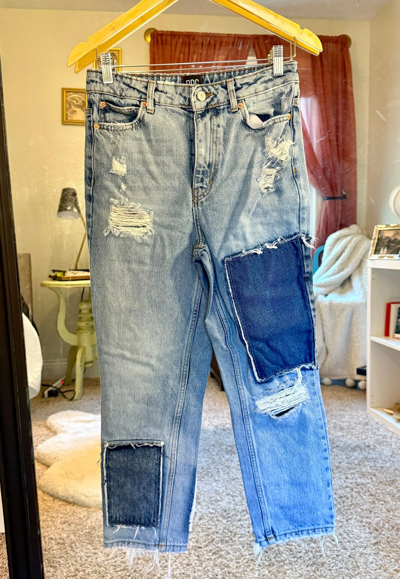 High-Waisted Slim Straight Jean Distressed Patchwork Denim - Image 4