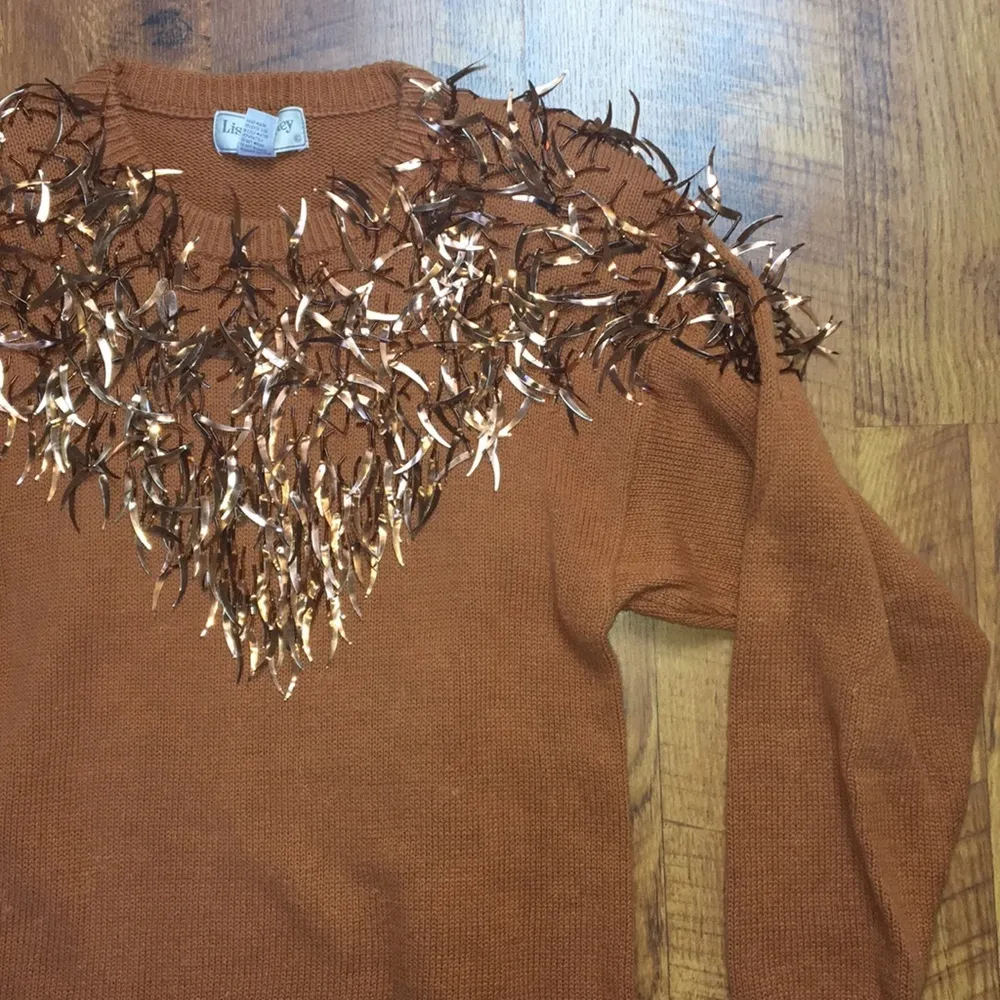 VINTAGE BURNT ORANGE WESTERN COWBOY SEQUIN PULLOVER SWEATER KNIT RAMIE COTTON - Image 2