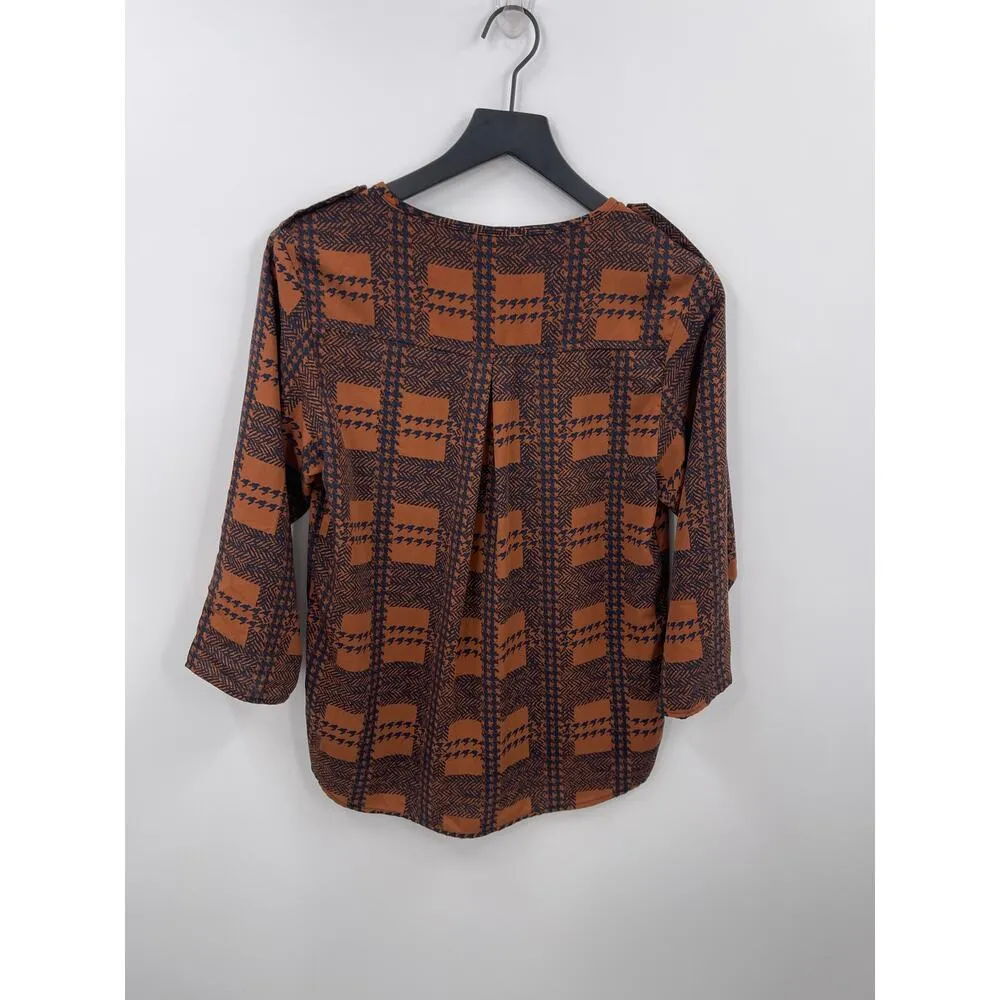 Collective Concepts Brown and Navy Patchwork Print Blouse Size Small - Image 9