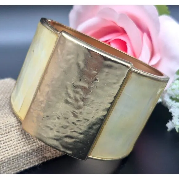 Chico's Wide Statement Hinged Bangle Bracelet Hammered Gold Tone & Cream - Image 2