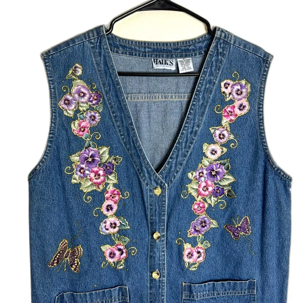 Vtg haiks embroidered floral butterflies button up denim vest long size small Blue - Image 2
