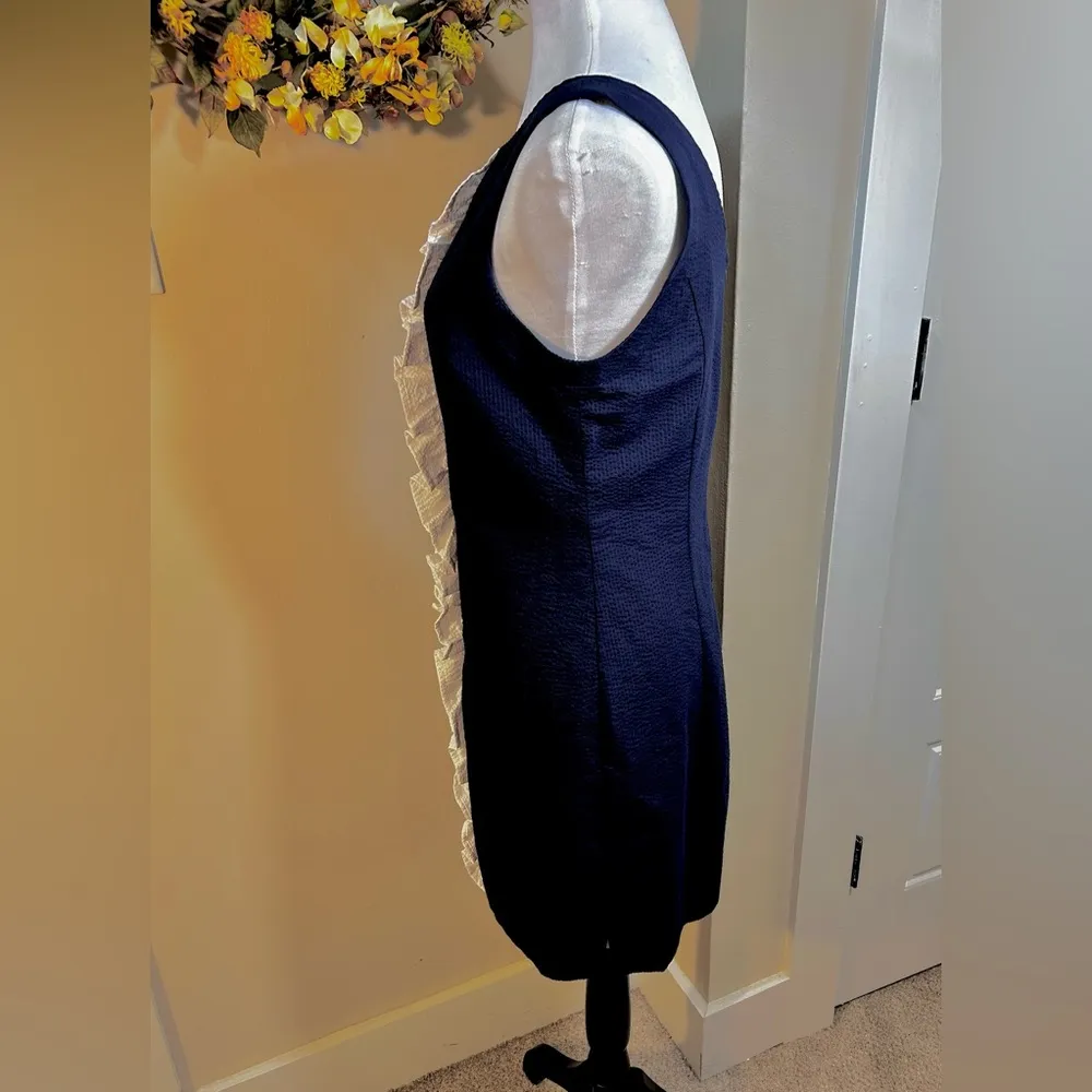LAUREN JAMES Bailey Ruffle-Trimmed Seersucker Shift  Dress in Navy Coastal Sz S - Image 8