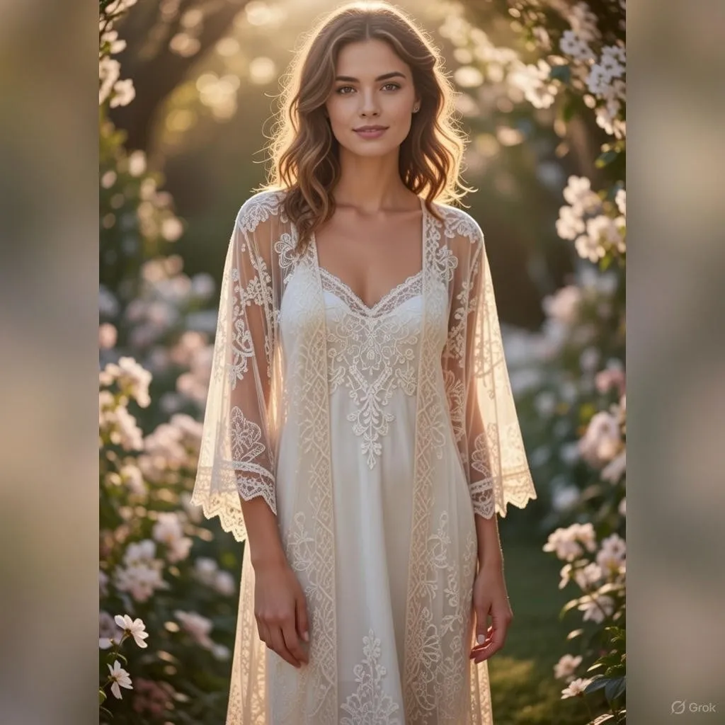 Rebellion Kimono Jacket Womens Large Beige Mesh Embroidered Boho Fairy Angel - Image 2