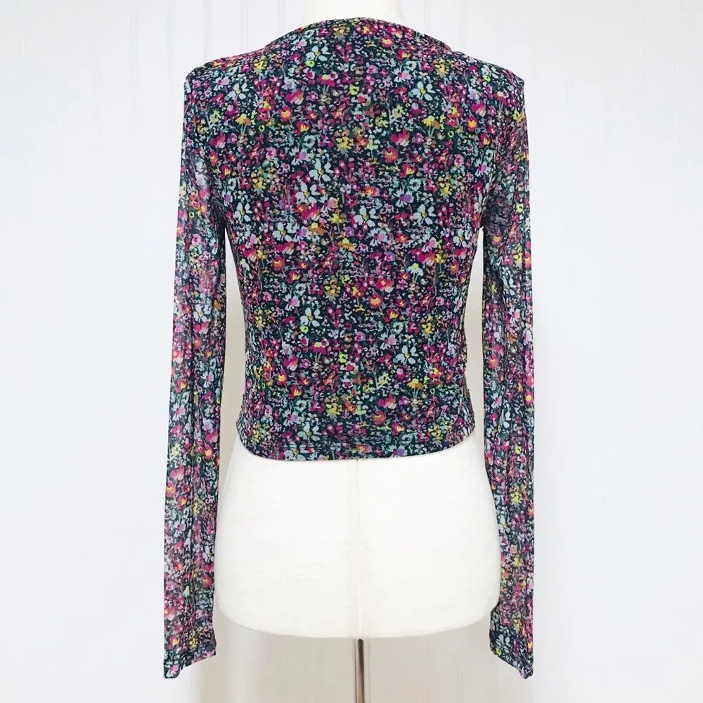 STEVE MADDEN Floral Mesh Long Sleeve Crop Top Hook And Eye Front Sz XS Small New - Image 3