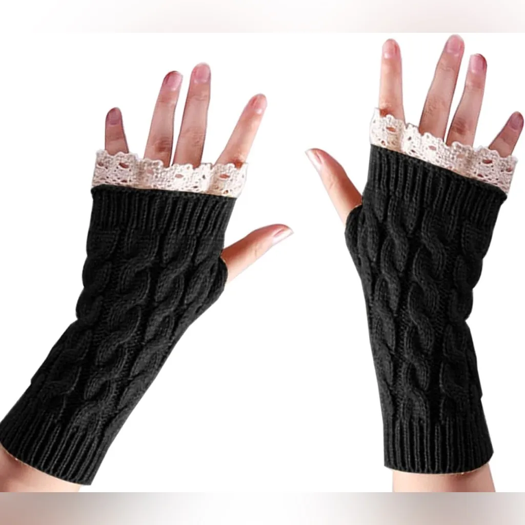 Black Knit Fingerless Thumb Hole Mittens - Image 3