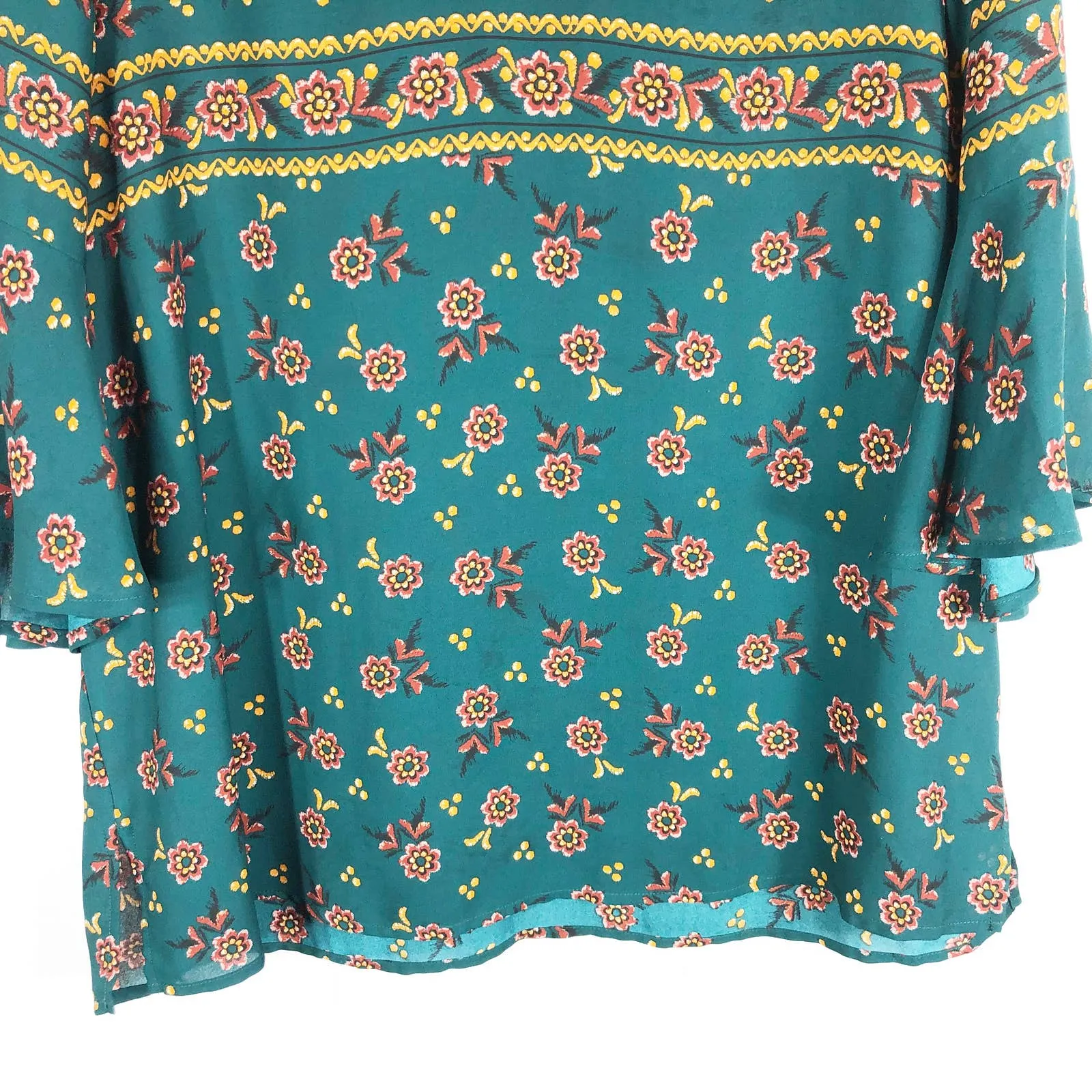 New Directions Large Top Green Floral Bell Sleeve Chiffon Yellow Red Boho 1172‎ - Image 4
