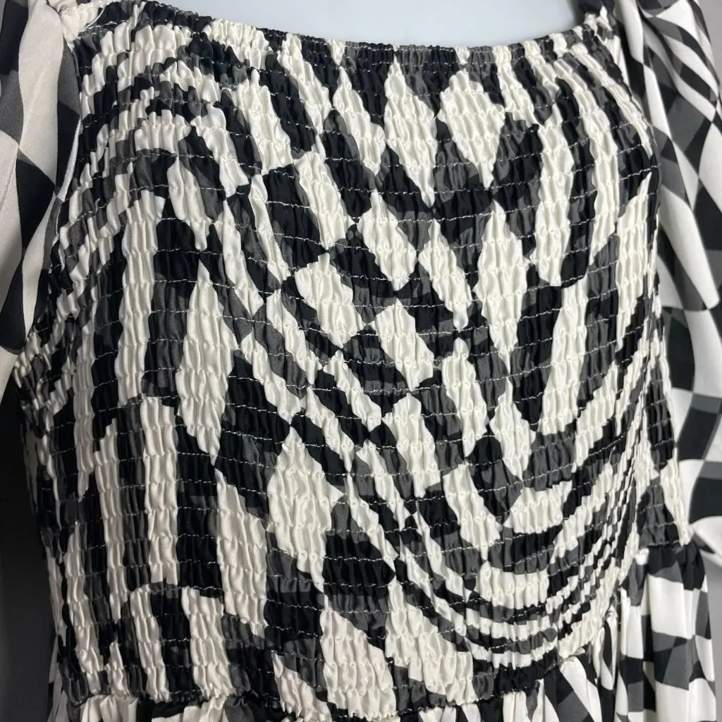 Oddy Dress‎ Geometric Pattern Black White Gray Women Shirred Smocked Bodice Midi Size M - Image 11