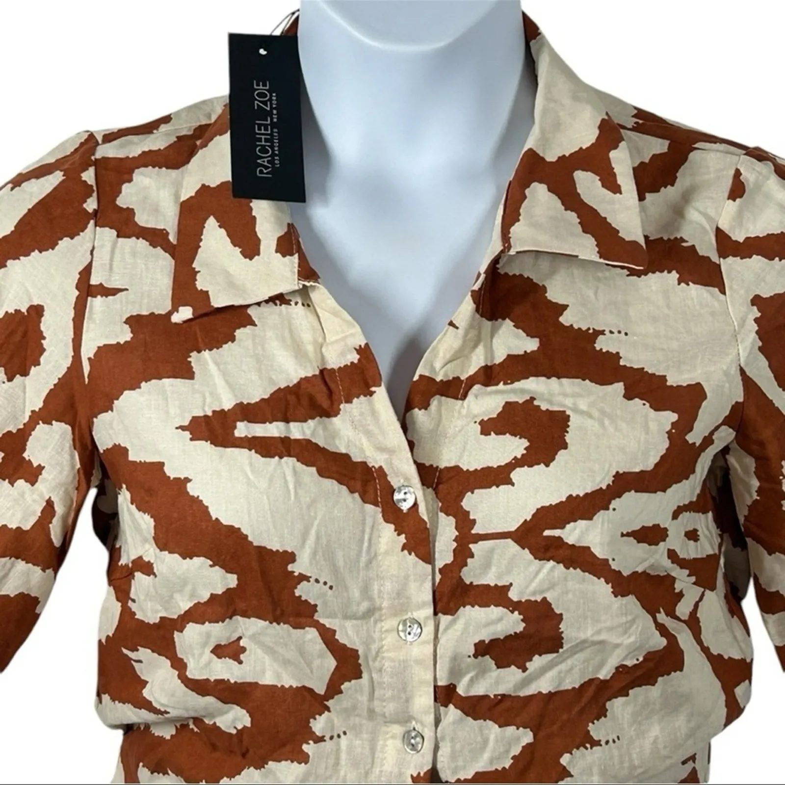 RACHEL ZOE Linen Blend Cropped Cow Zebra Print Button Tie Shirt Small NWT - Image 3