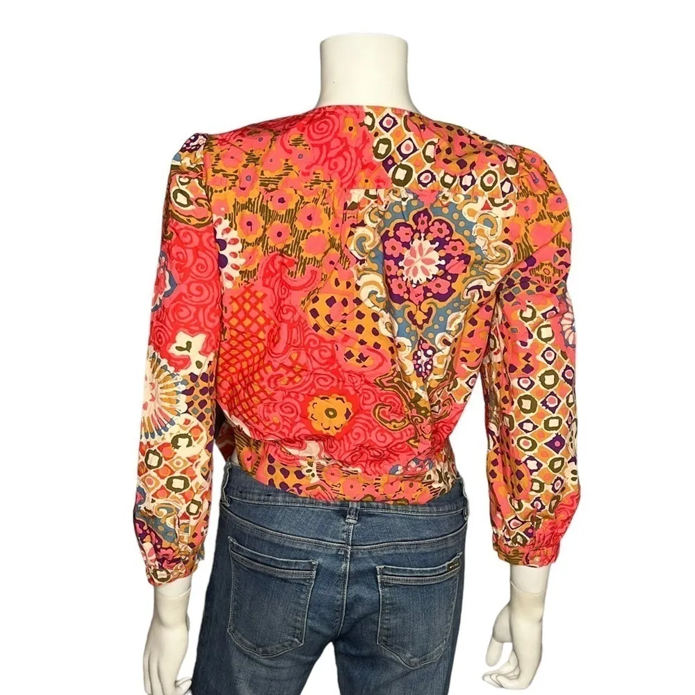 J. Crew Boho Wrap Tie Puff Sleeve Blouse Coral Pink Orange Floral Top Small - Image 6