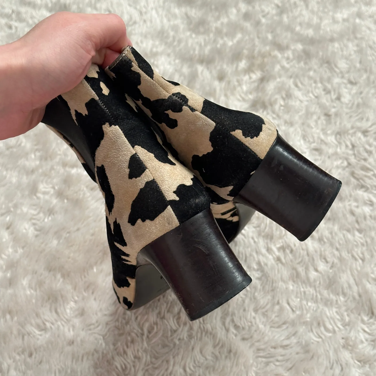 Vintage 90s Y2K Via Spiga 7.5 Cow Print Suede Square Toe Slip on boots Wood Heel Black - Image 6